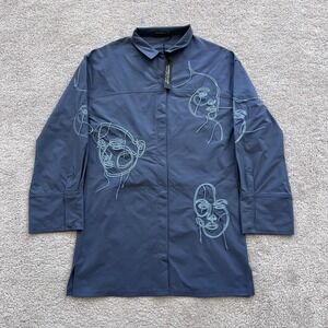 Maniere De Voir Shirt Dress Womens 14 Blue Embroidered Face Art